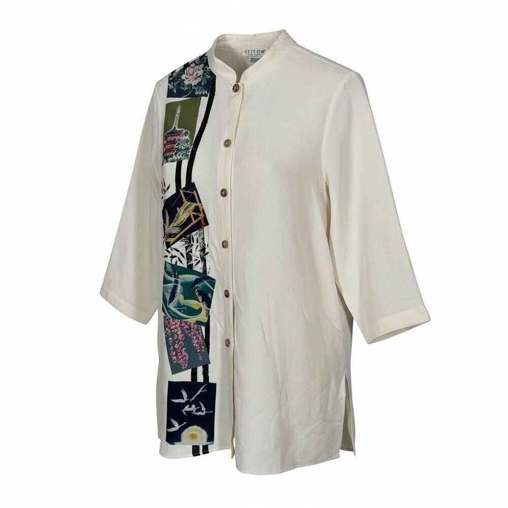 Citron Santa Monica Embossed Silk Tunic Top Asian Crane Birds Koi Floral Blouse